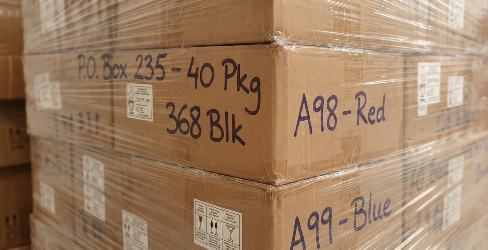 Bulk boxed inventory stacked across the Gizo warehouse